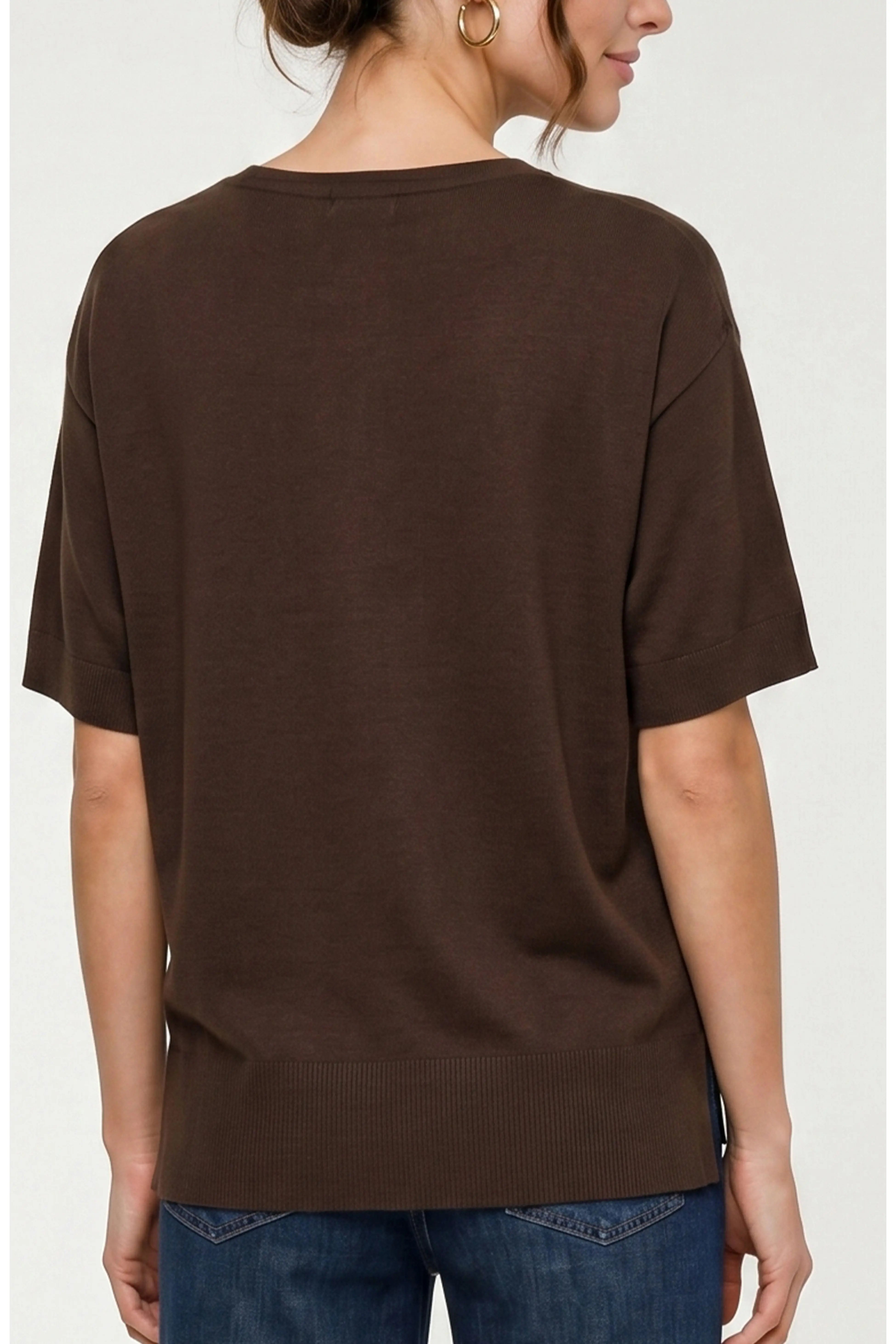 Short Sleeve Vneck Dolman Popover Sweater, Java