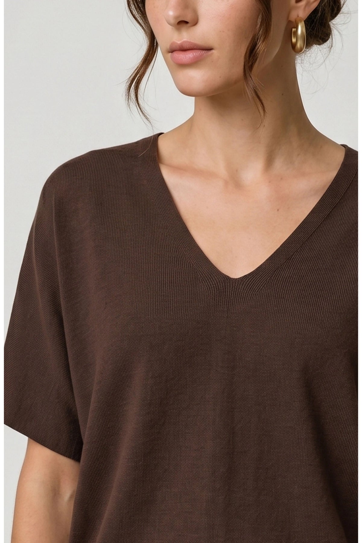 Short Sleeve Vneck Dolman Popover Sweater, Java