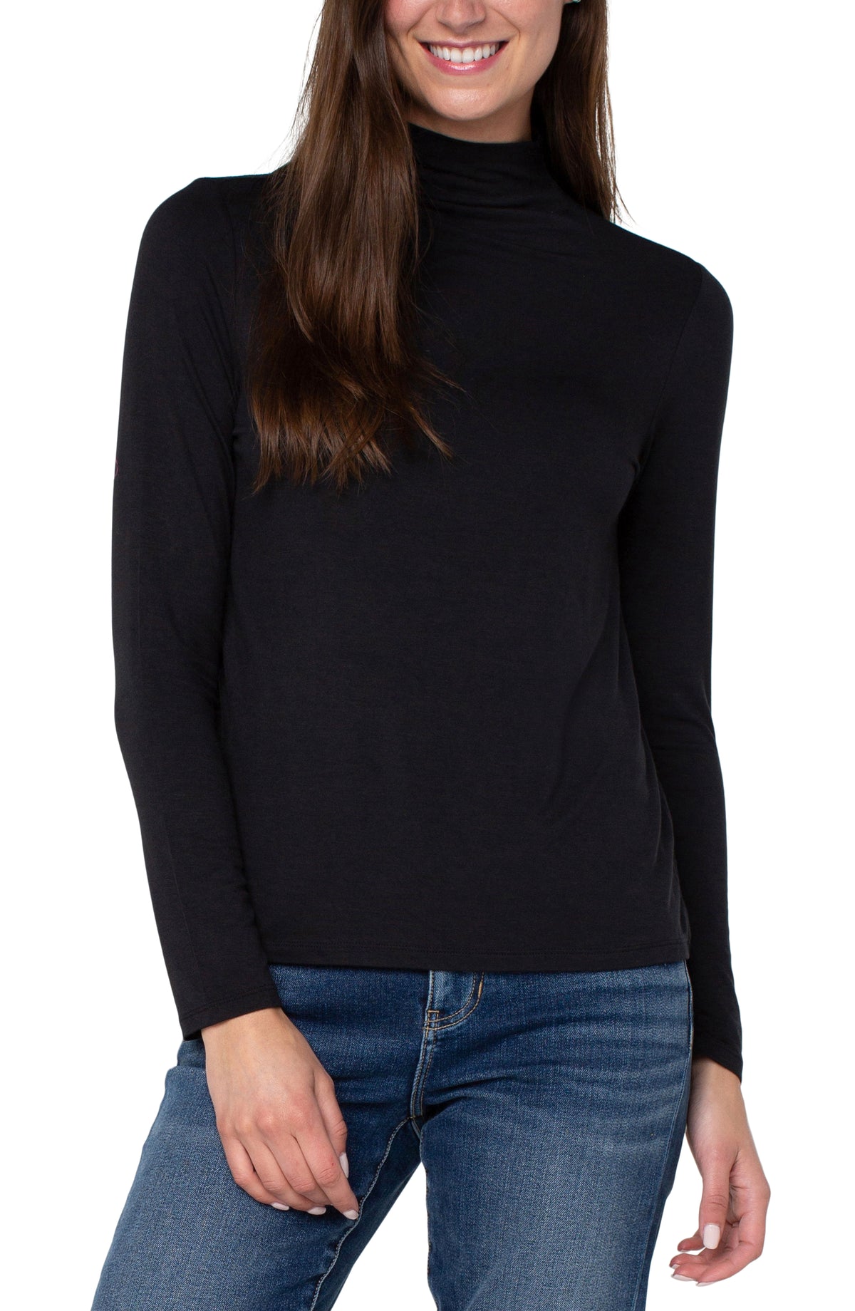Liverpool long sleeve mock neck knit top in black