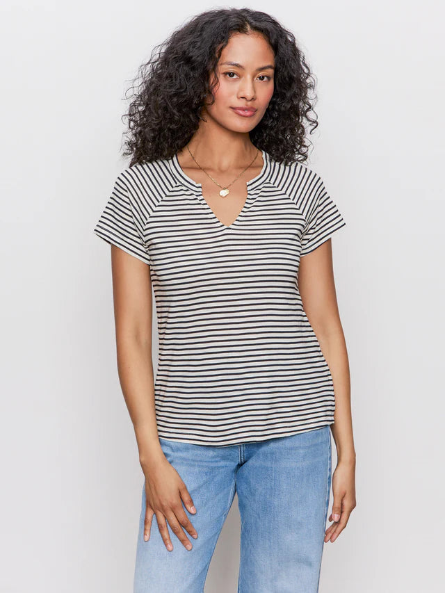 Notch Neck Tee, light Oat & Black Stripe