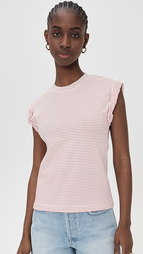 Olivia Rolled Sleeve Tee, White & Ruby Stripe