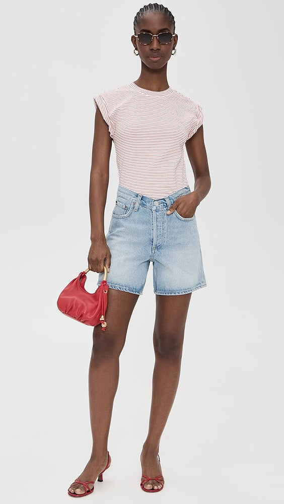 Olivia Rolled Sleeve Tee, White & Ruby Stripe