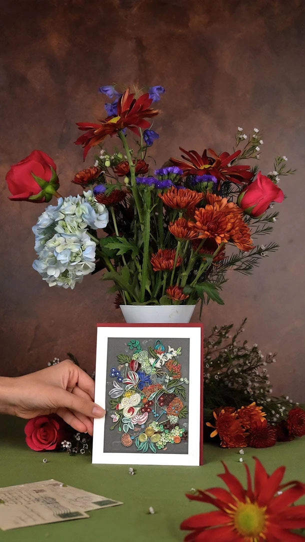 Quilling Card handmade quilled paper art card, Still Life with Flowers and Fruit after van Huysum