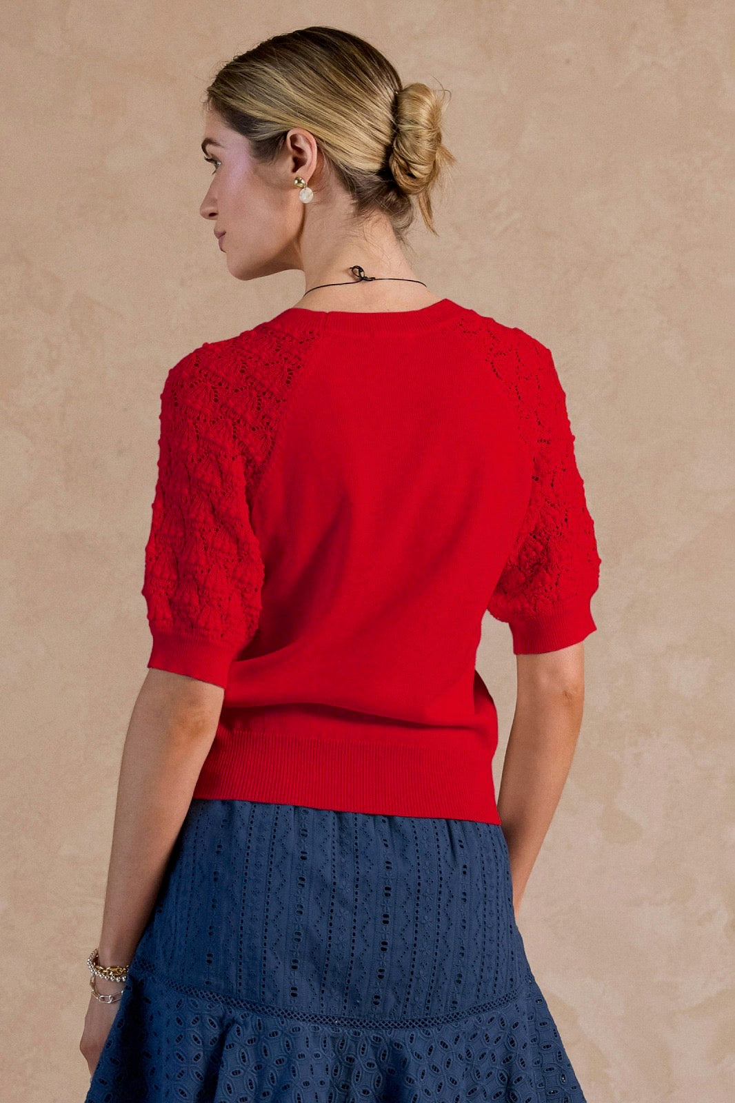 Short Sleeve Sweater Top, Red
