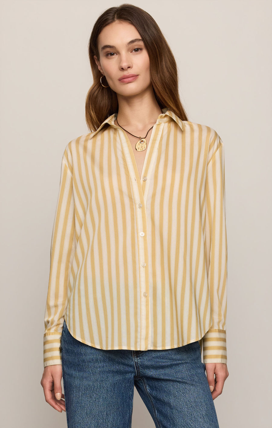 Golden Haven Stripe Button Up in Golden Sage