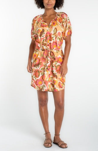 Short Sleeve Button Front Woven Dress, Tan Floral
