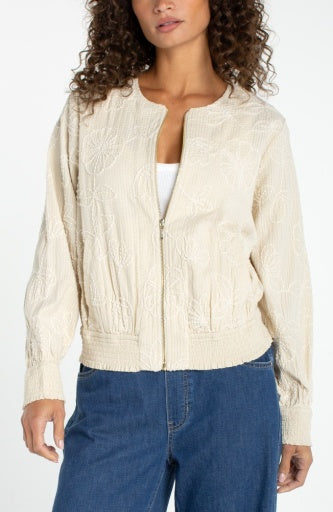 Long Sleeve Collarless Jacket with Smocking, Pale Sand