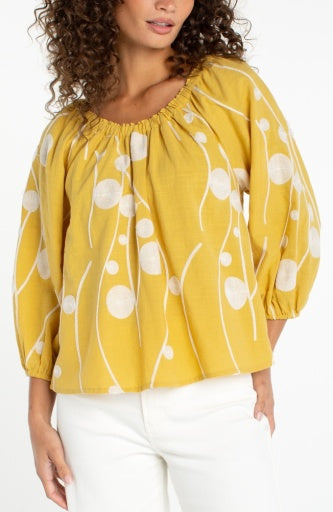 Embroidered Three Quarter Sleeve Woven Top