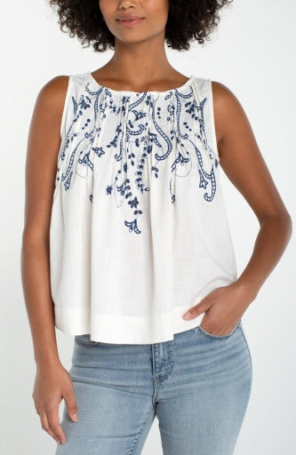 Sleeveless Boat Neck Woven Top with Pintucks