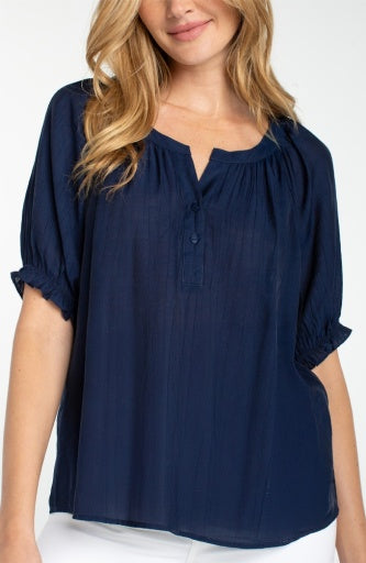 Short Sleeve Half Placket Woven Blouse, Navy