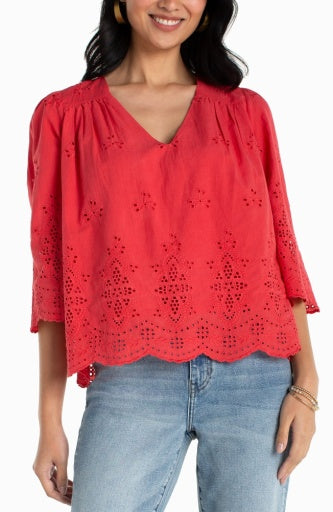 3/4 Sleeve Vneck Eyelet Woven Top, Cherry Rose