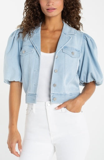 Puff Sleeve Cropped Trucker Jacket, Marine Sea