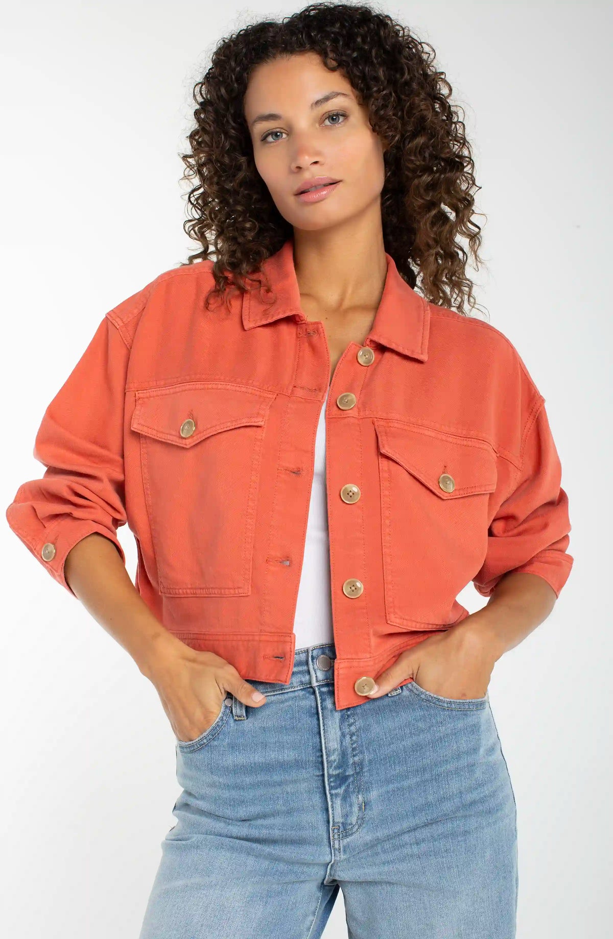 Liverpool oversized cropped denim jacket, red clay, front view