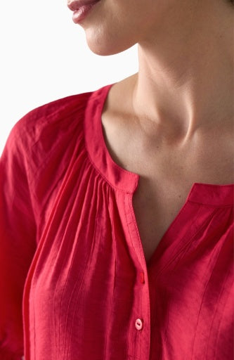 Short Sleeve Half Placket Woven Blouse, Cherry Rose