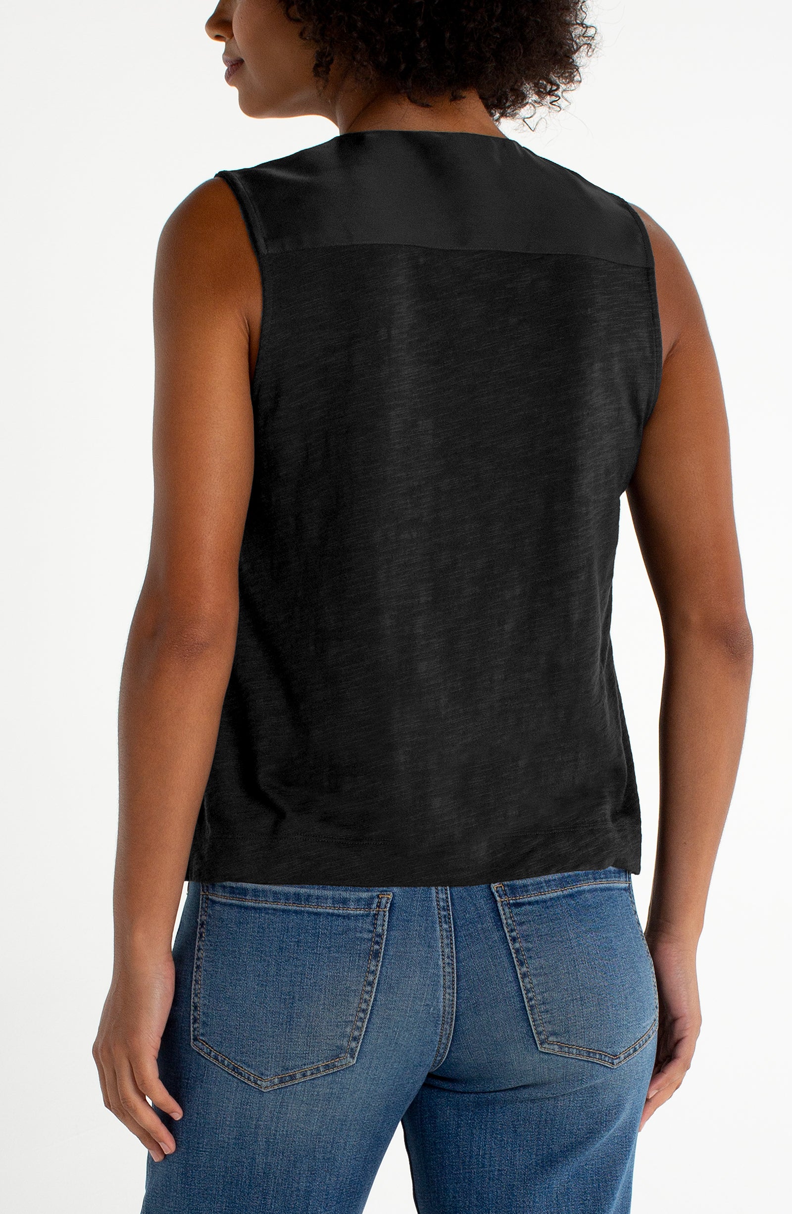 Sleeveless Vneck Woven to Knit Top, Black