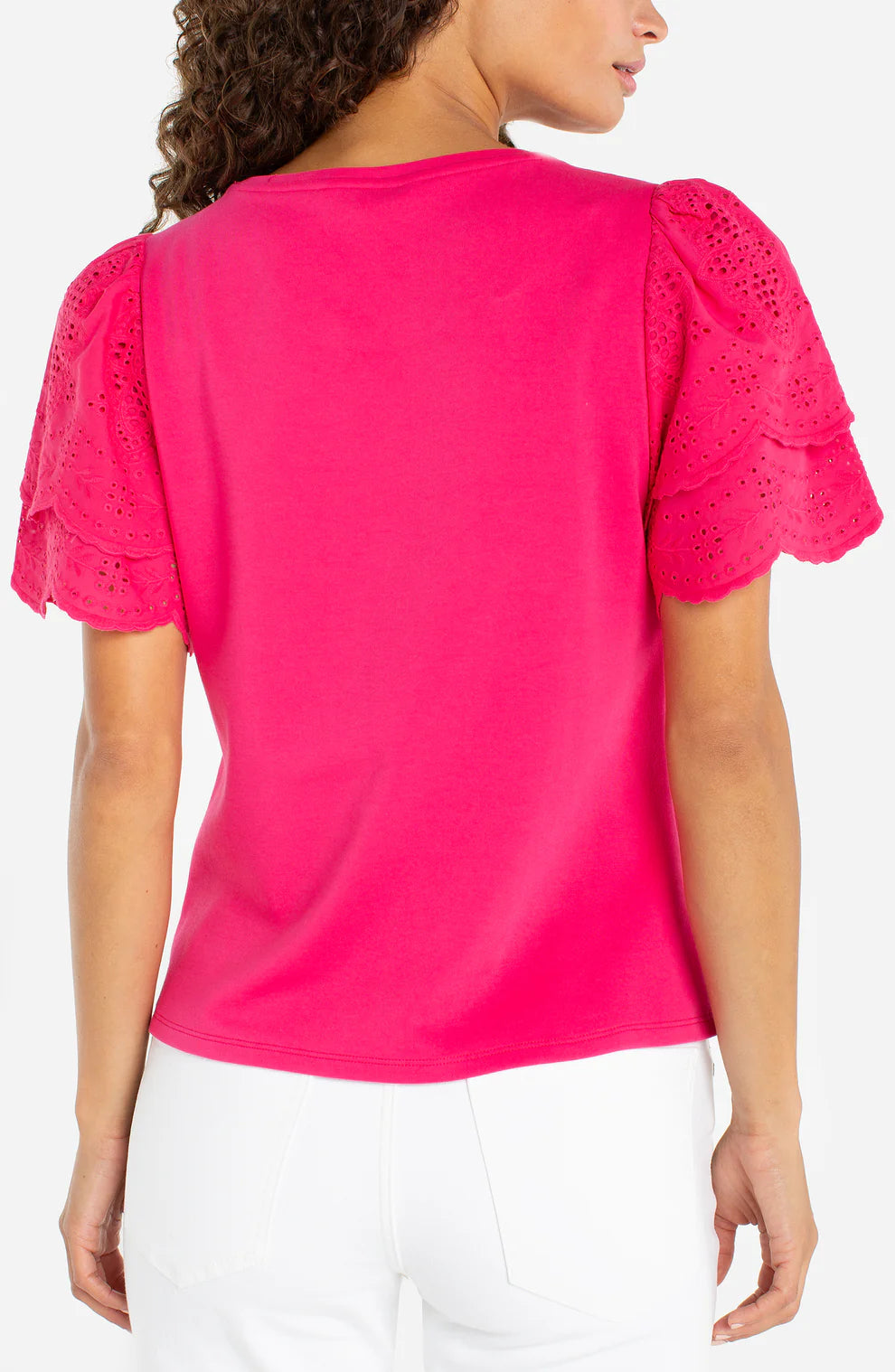 Short Sleeve Knit to Woven Top, Diva Pink