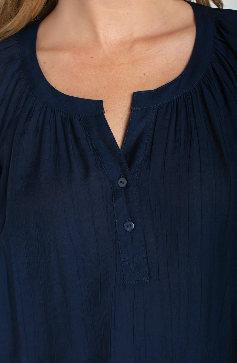 Short Sleeve Half Placket Woven Blouse, Navy