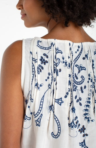 Sleeveless Boat Neck Woven Top with Pintucks