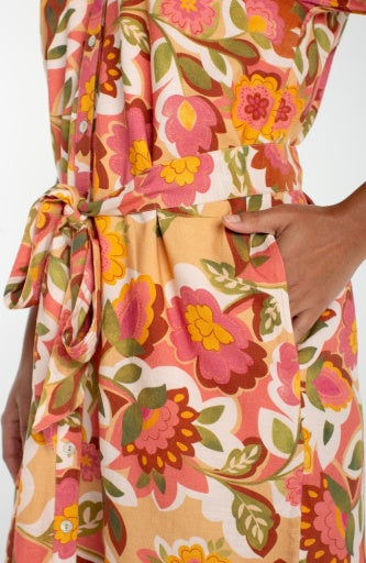 Short Sleeve Button Front Woven Dress, Tan Floral