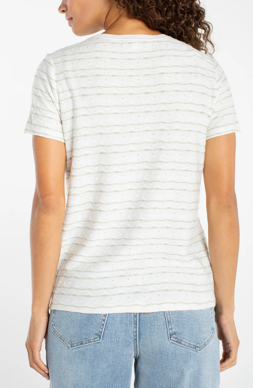 Short Sleeve Crew Neck Tee with Rib Trim, Bone/Matcha Wavy Stripe