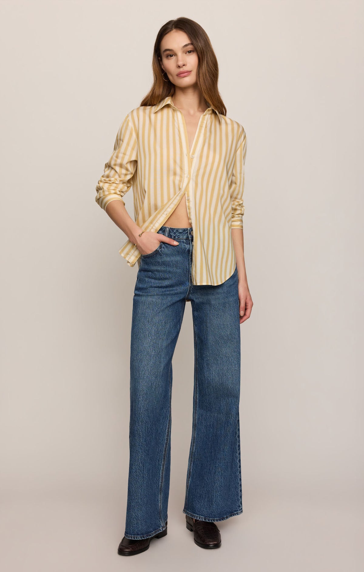 Golden Haven Stripe Button Up in Golden Sage - back