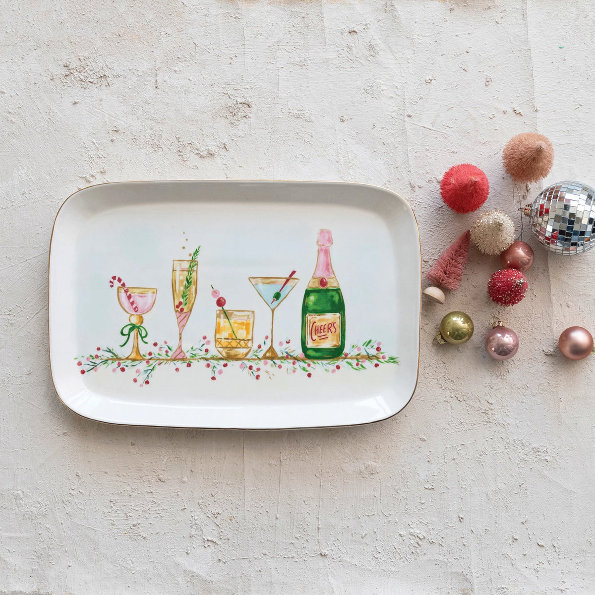 Stoneware Platter w/ Holiday Cocktails & Gold Electroplating, Multi Color ©
