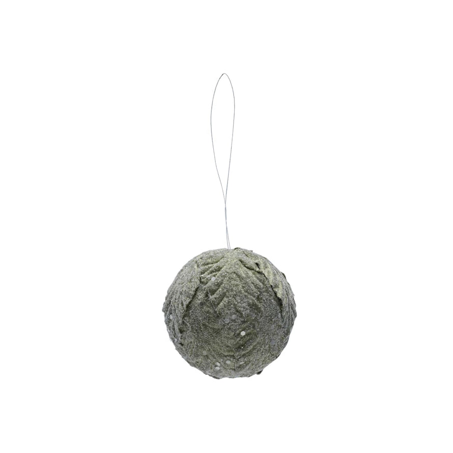 Foam & Fabric Leaves Ball Ornament with Glitter, Ice Finish, Green